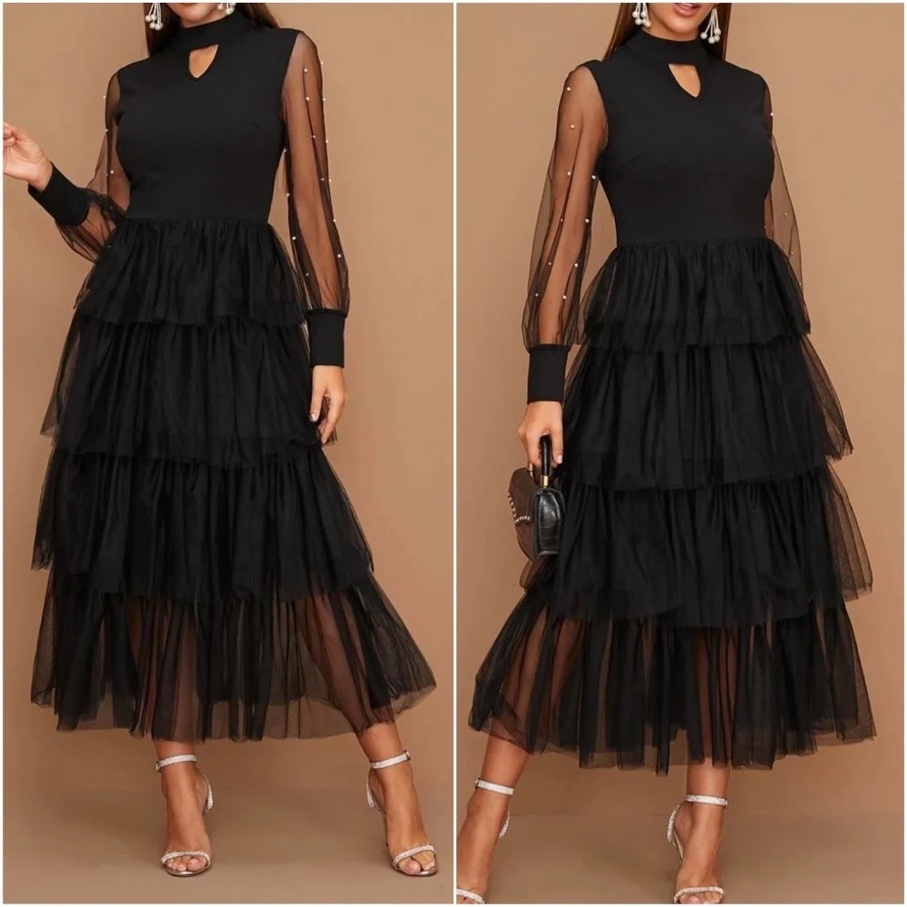 Luxe Black Sheer Sleeve Tiered Evening Party Dress - Picture 1 of 3